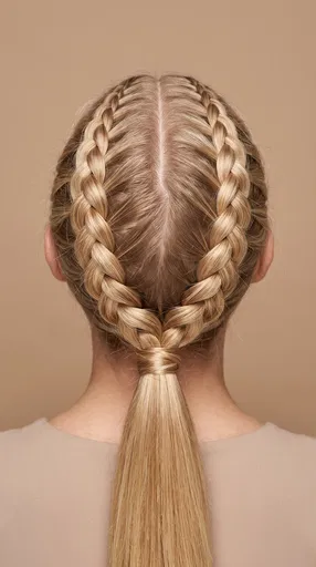 Blonde Twin Dutch Braids into Low Ponytail