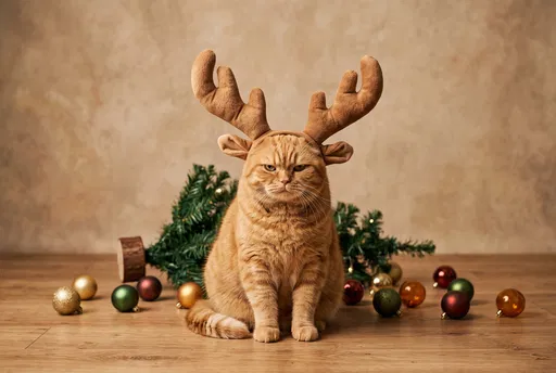 Grumpy Ginger Cat Wearing Reindeer Antlers