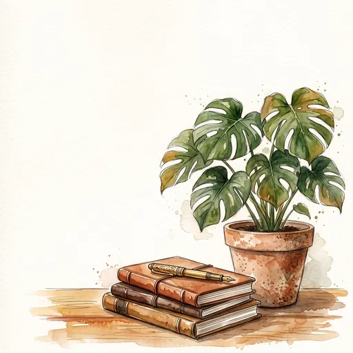 Watercolor Monstera Plant and Notebooks on Desk