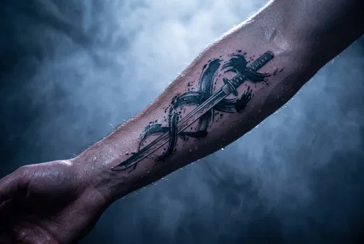 Wet Forearm With Katana Brushstroke Tattoo