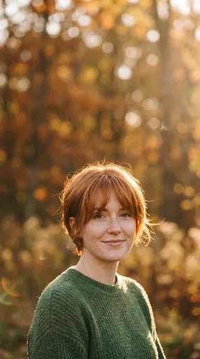 Woman With Copper Pixie Cut Outdoors