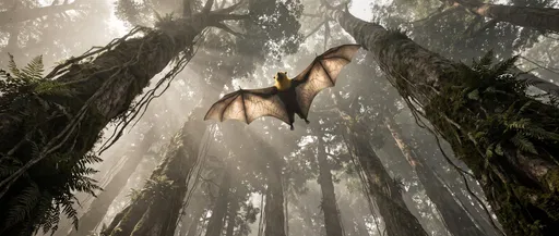 Flying Fox Gliding Over Misty Rainforest Canopy