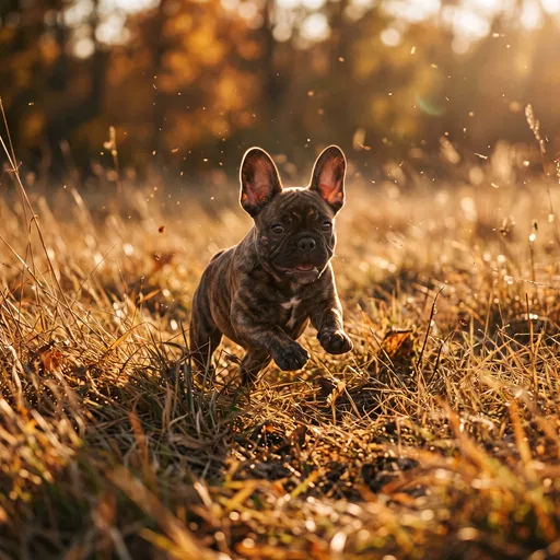 Brindle French Bulldog Puppy Running in Grass