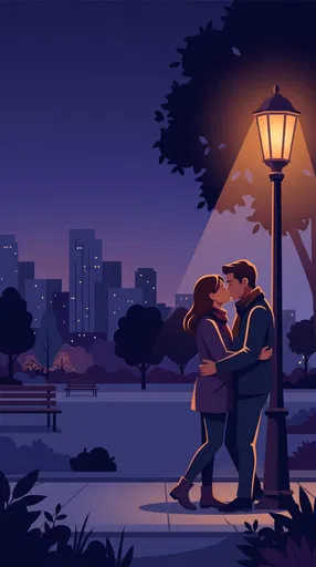 Couple Kissing Under Park Streetlamp at Night