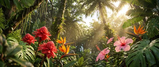 Sunlit Tropical Rainforest with Exotic Flowers