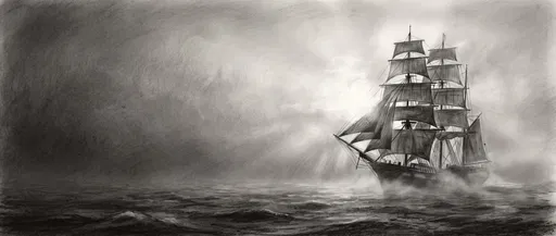 Charcoal Drawing of Tall Ship in Fog
