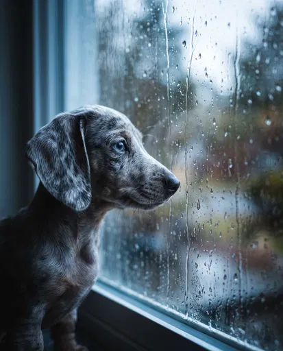 Dachshund Puppy Looking Out Rainy Window
