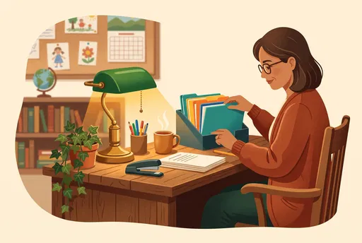 Teacher Organizing Folders at Cozy Desk
