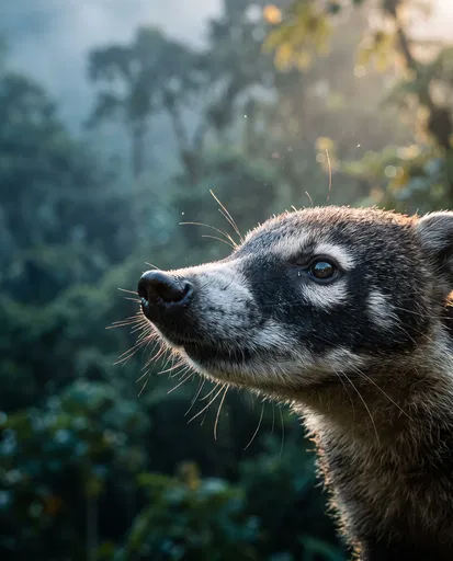 Coatimundi Profile in Misty Morning Forest