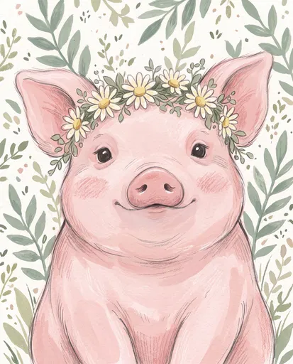 Pastel Piglet With Daisy Crown Illustration