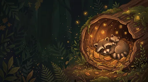 Sleeping Raccoons in Hollow Log Illustration