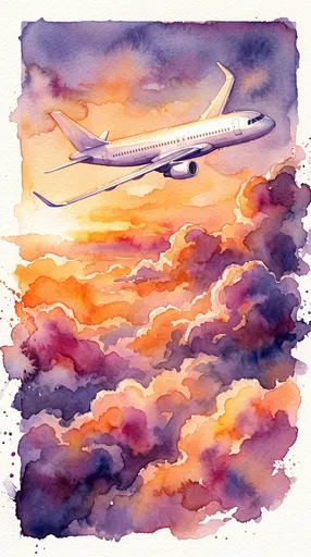 Watercolor Airliner Above Sunset Clouds