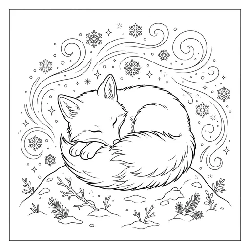 Sleeping Arctic Fox Winter Coloring Page