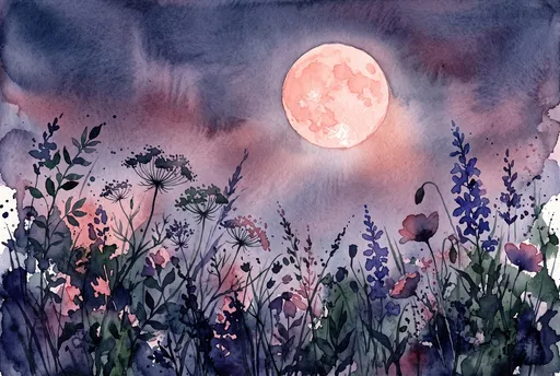 Watercolor Pink Moon Over Wildflower Meadow