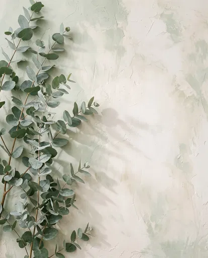 Eucalyptus Branches Against Textured Plaster Wall