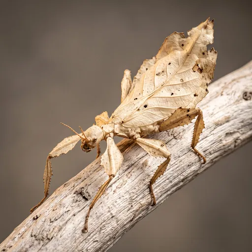 Beige Leaf Insect on Driftwood Branch