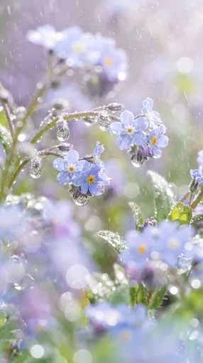 Blue Forget-Me-Not Flowers in Spring Rain