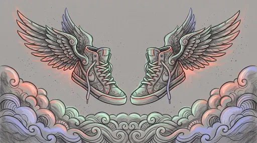 Symmetrical Winged Sneakers Over Stylized Clouds