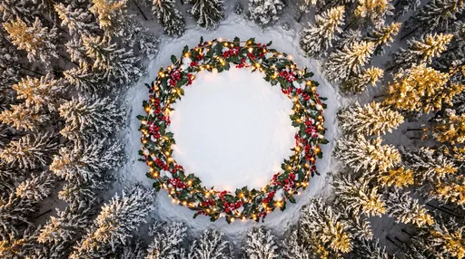 Aerial Snowy Forest Holly Wreath Frame