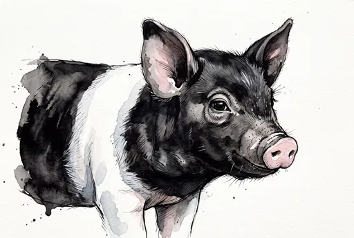 Watercolor and Ink Hampshire Piglet Illustration