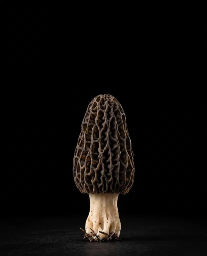 Single Morel Mushroom on Black Background