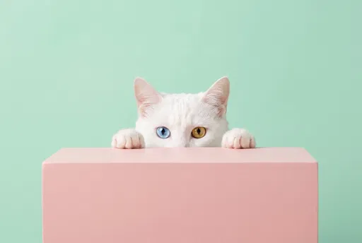 White Odd-Eyed Cat Peeking Over Block