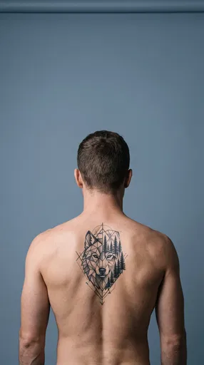 Man With Geometric Wolf Back Tattoo