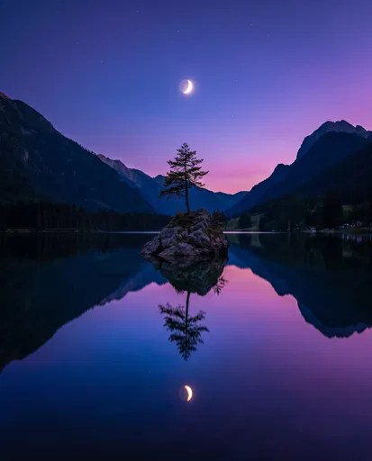Crescent Moon Over Alpine Lake Islet