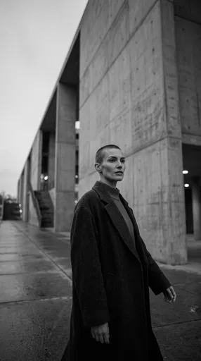 Woman With Buzz Cut Near Concrete Building