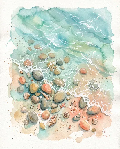 Watercolor Beach Pebbles and Ocean Waves