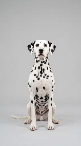 Dalmatian Sitting on Gray Studio Background