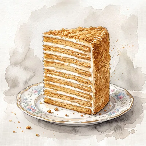 Watercolor Russian Medovik Honey Cake Slice