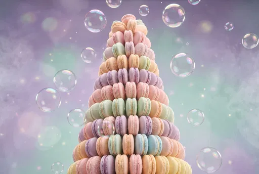 Pastel Macaron Tower With Floating Bubbles