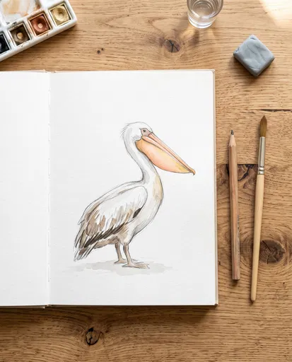 Watercolor Pelican Sketch on Wooden Desk