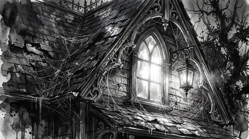 Monochrome Haunted Manor Gable Watercolor Illustration