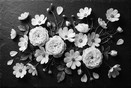 Monochrome White Flowers on Dark Slate