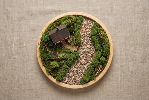 Miniature Red Cottage Diorama on Linen