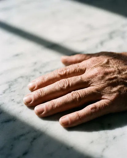 Mature Wrinkled Hand on Marble Surface