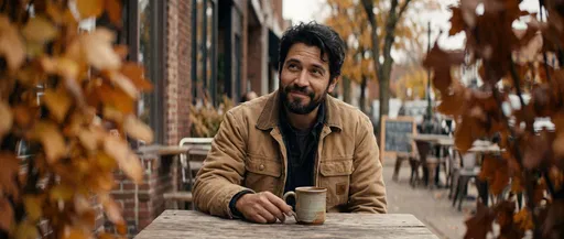 Bearded Man Smiling at Autumn Cafe