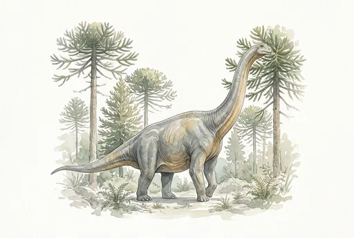 Watercolor Brontosaurus Dinosaur Among Conifer Trees