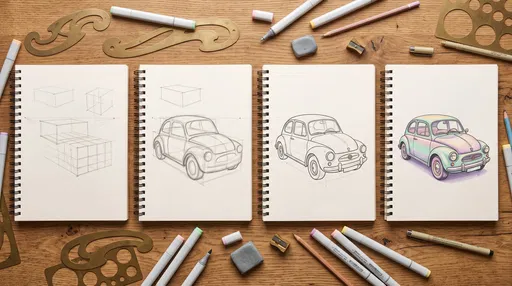 Four Step Vintage Car Drawing Sequence