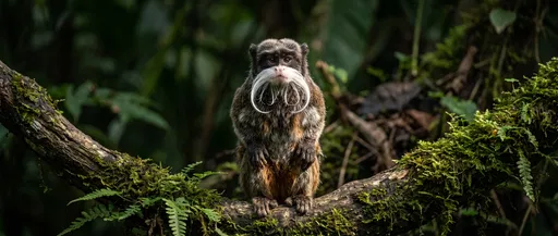 Emperor Tamarin on Mossy Rainforest Branch