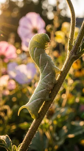 Green Sphinx Caterpillar on Garden Stem