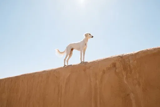 White Saluki Standing on Adobe Wall
