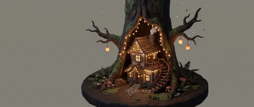Miniature Clay Cottage Inside Hollow Tree