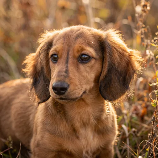 Longhaired Red Dachshund Puppy in Golden Sunlight
