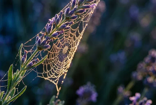 Dewy Spiderweb on Morning Lavender