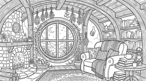 Cozy Fantasy Reading Nook Coloring Page