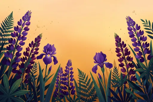 Purple Lupines and Irises at Sunset