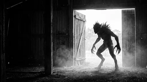 Chupacabra Silhouette in Misty Barn Doorway